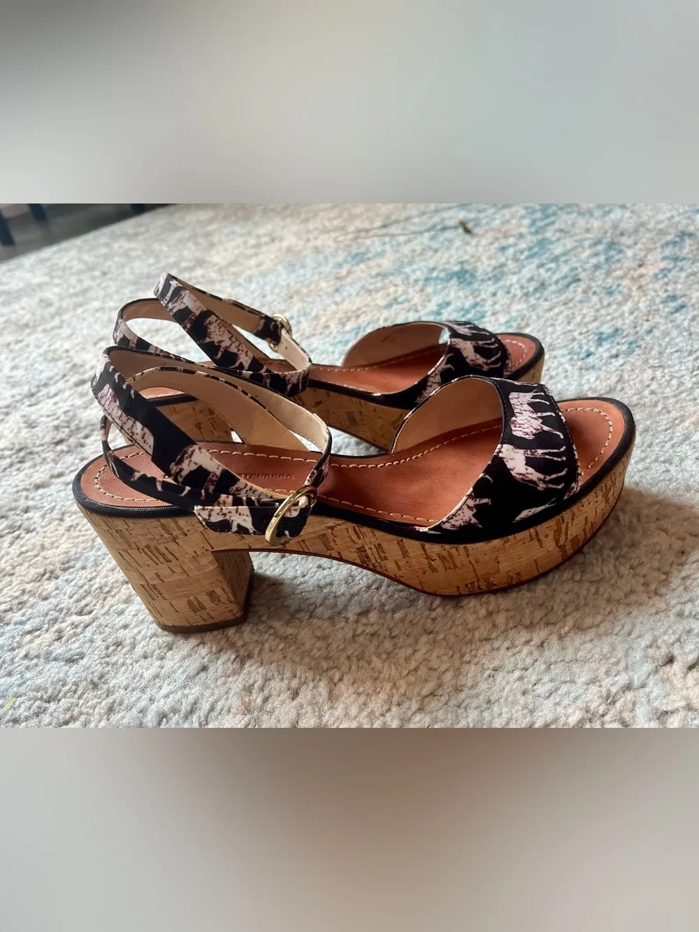 Diane Von Furstenberg Black Printed Cork Wedge Sandals